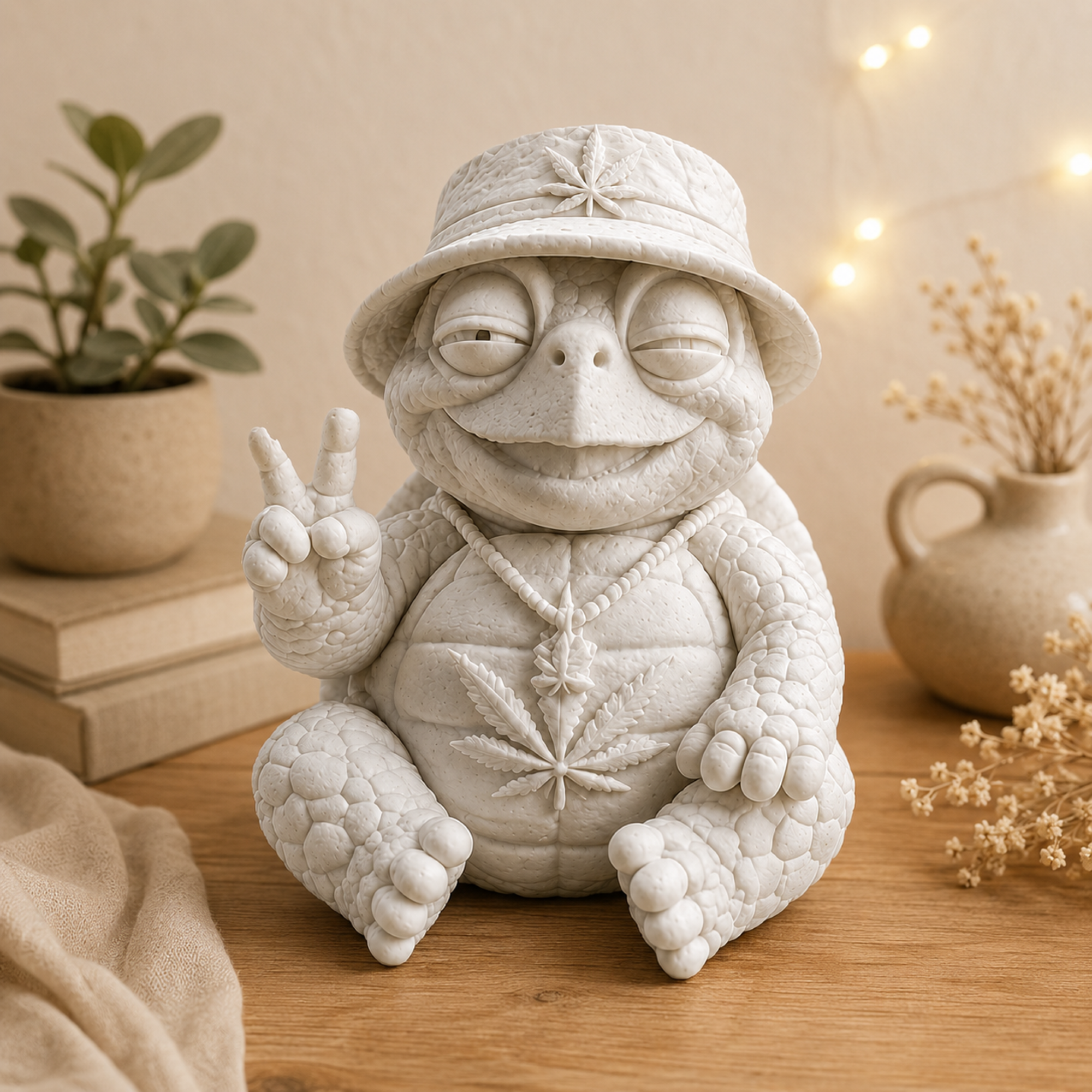 Shellax Dobby – weiße 3D-Druck-Schildkröte mit Anglerhut zum Bemalen.