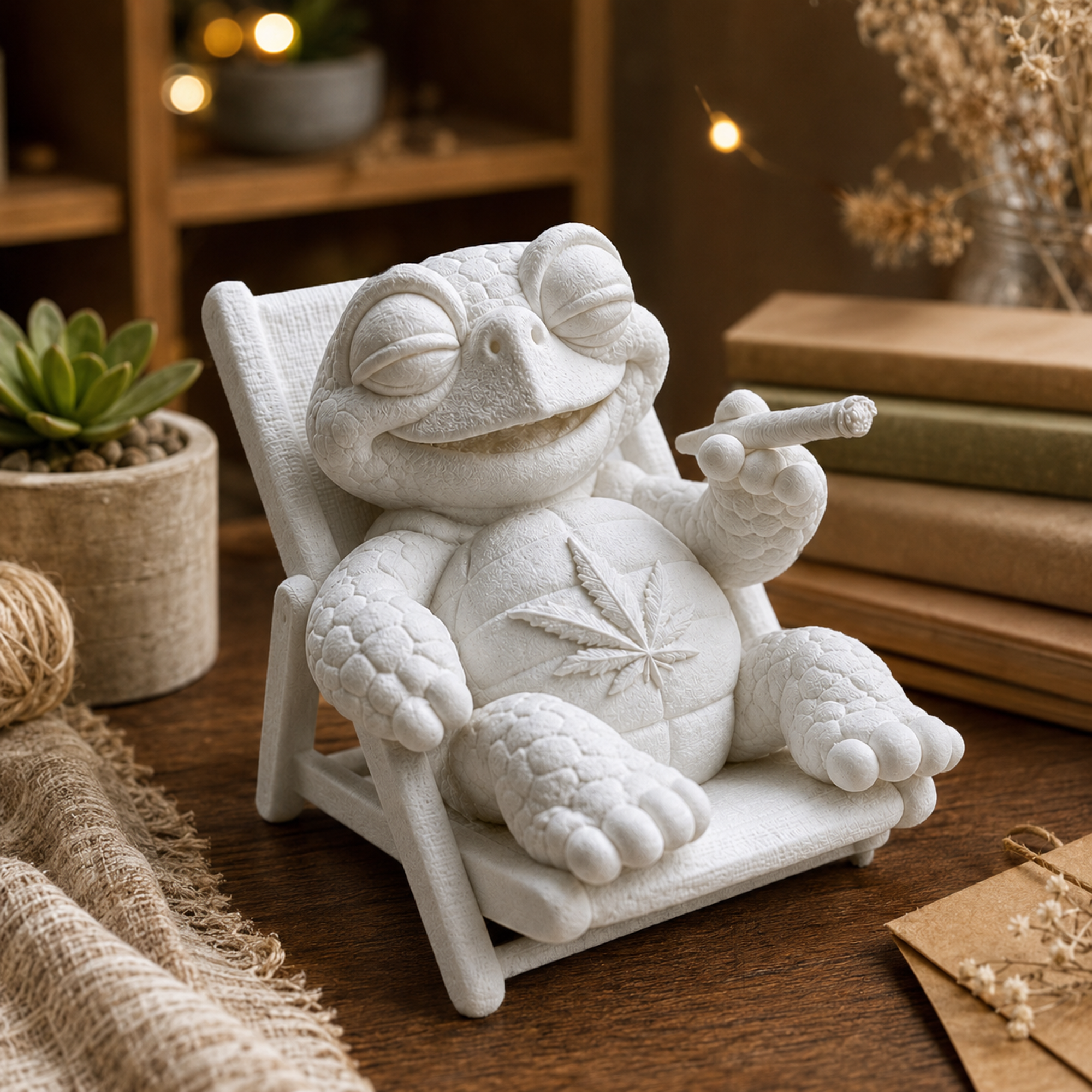 Shellax Baddie – weiße 3D-Druck-Schildkröte im Liegestuhl zum Bemalen.