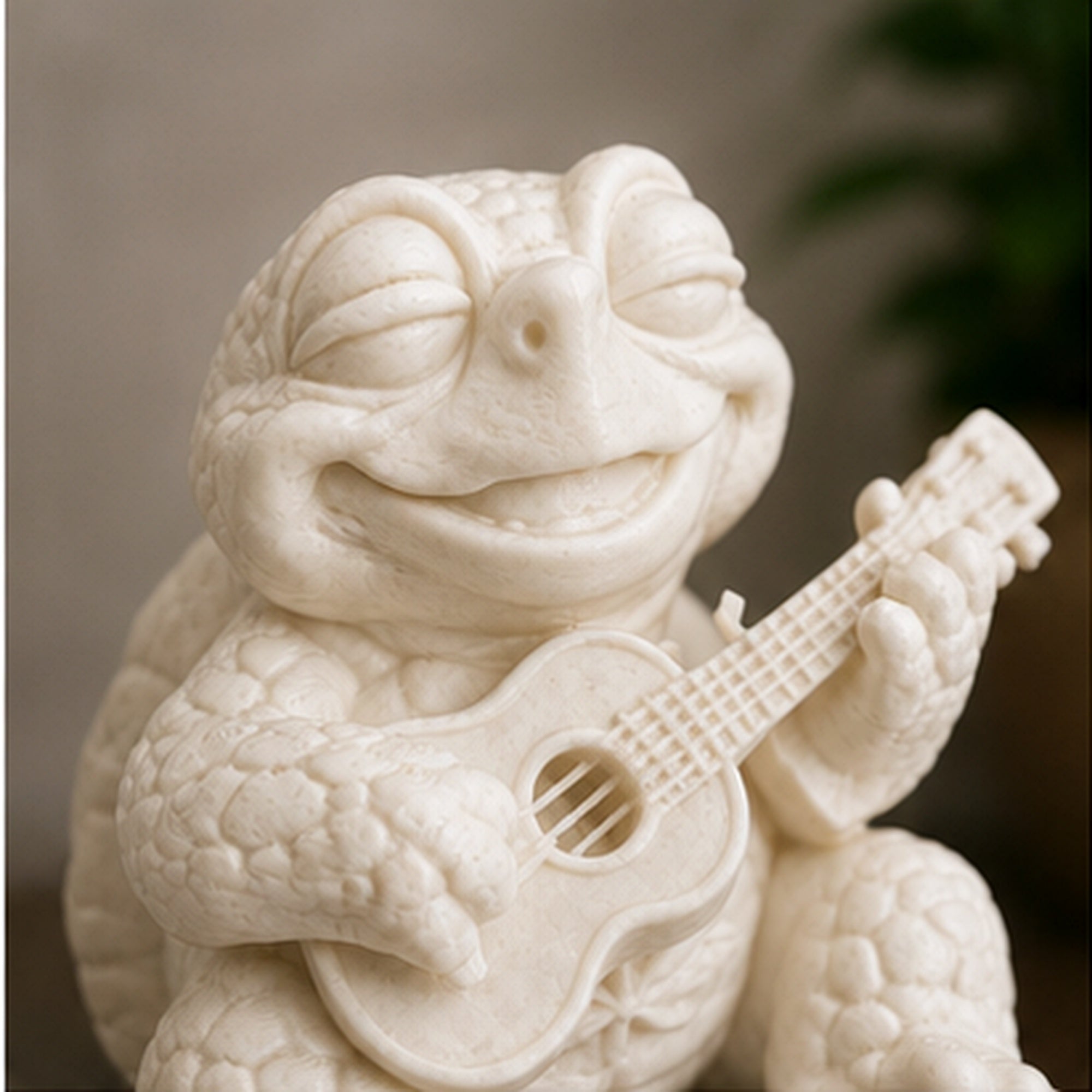 Detailaufnahme der Shellax Figur Ray mit Gitarre und sichtbarer weißer PLA+ Oberfläche.