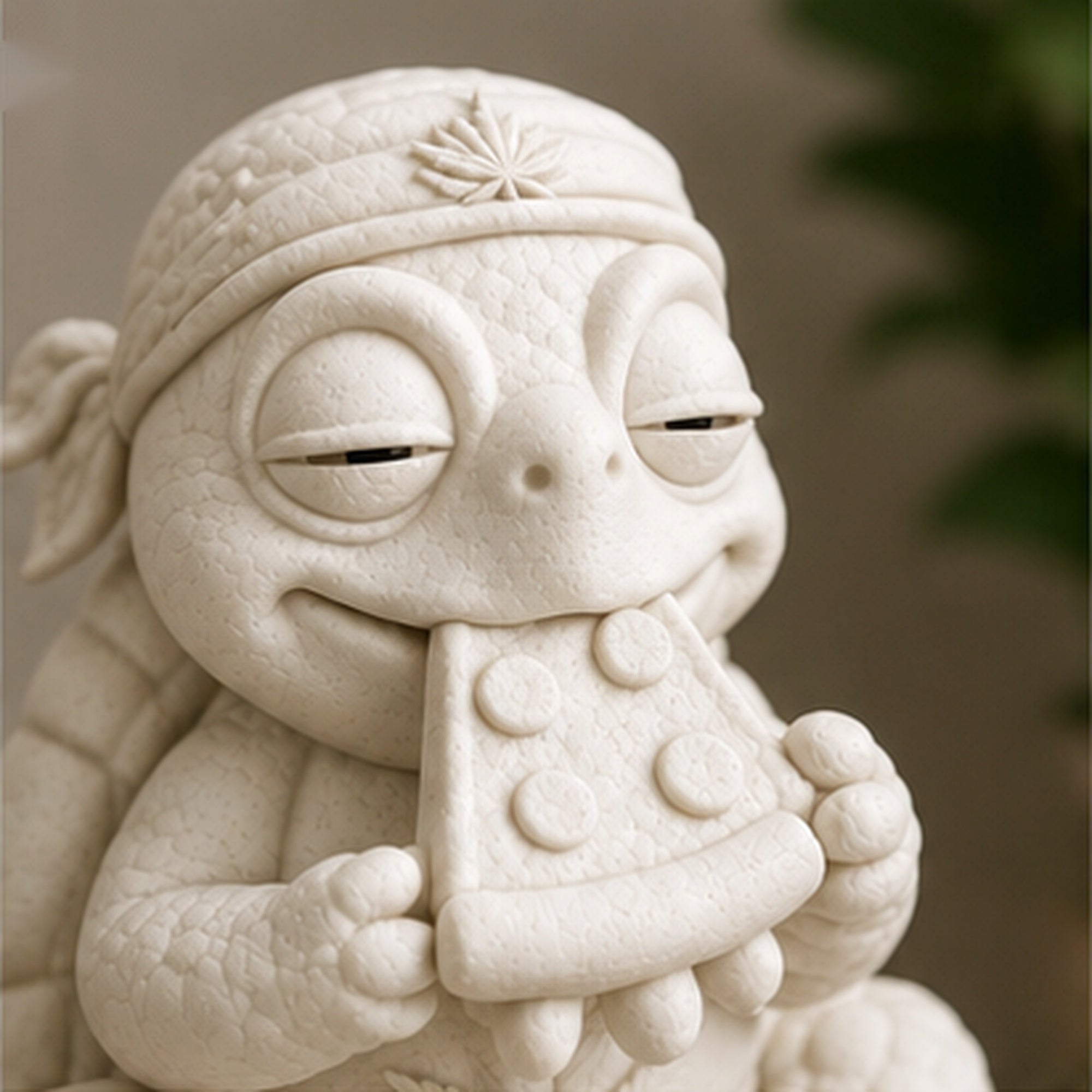Detailaufnahme der Shellax Figur Lilli mit Pizza und sichtbarer weißer PLA+ Oberfläche.