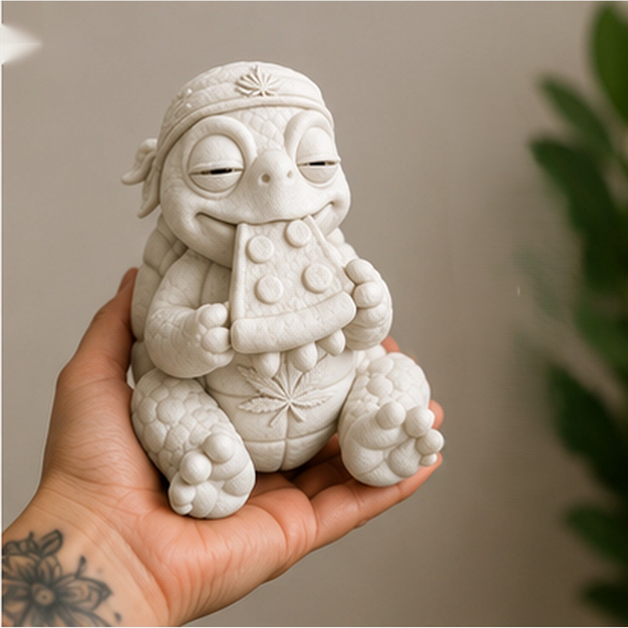Shellax Schildkröte Lilli in Händen als Größenvergleich für die unbemalte DIY-Figur.