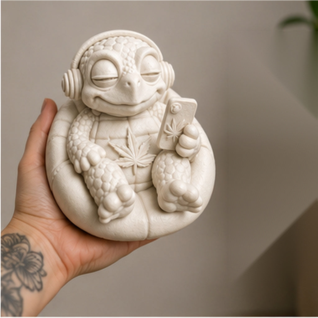 Shellax Schildkröte Nala in Händen als Größenvergleich für die unbemalte DIY-Figur.