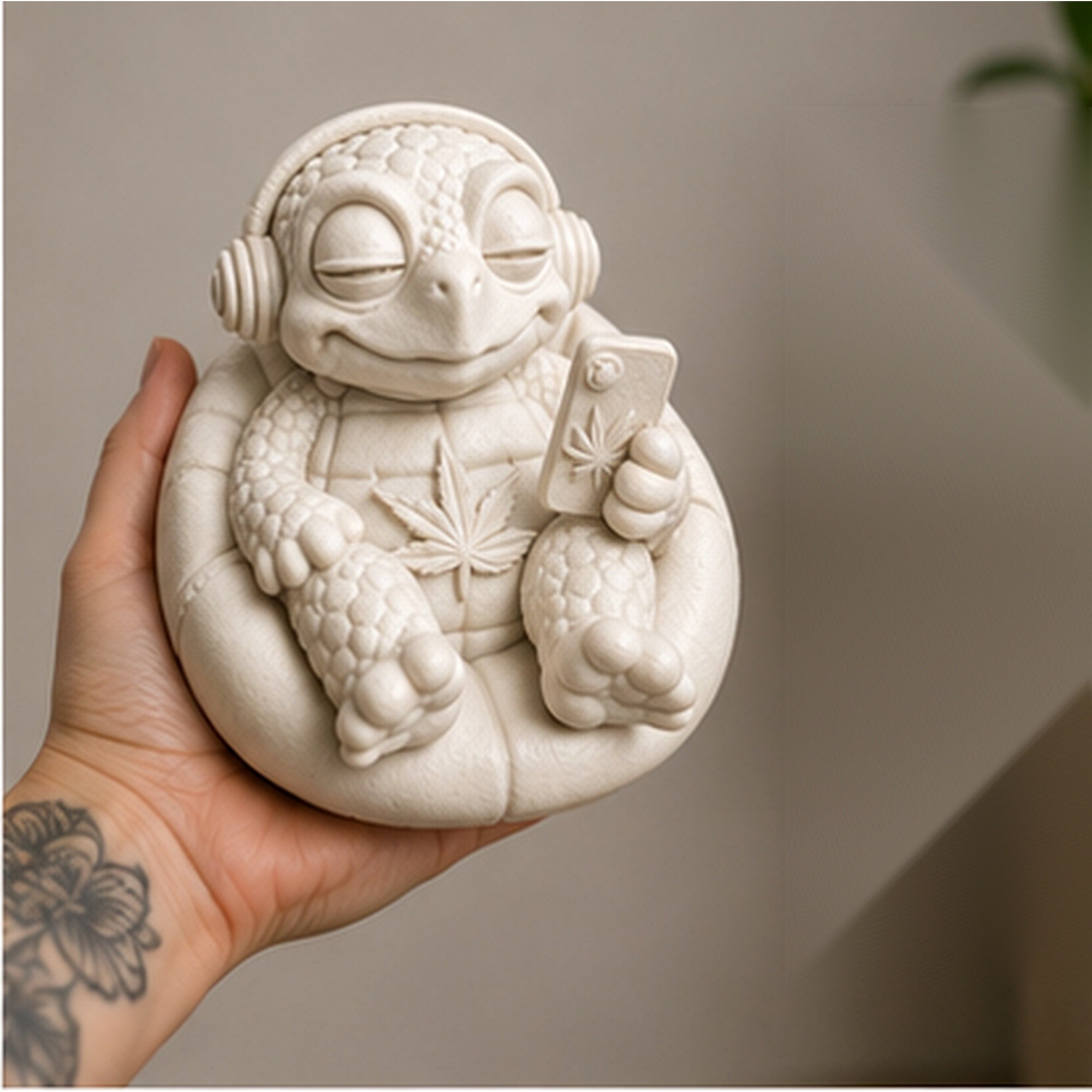 Shellax Schildkröte Nala in Händen als Größenvergleich für die unbemalte DIY-Figur.