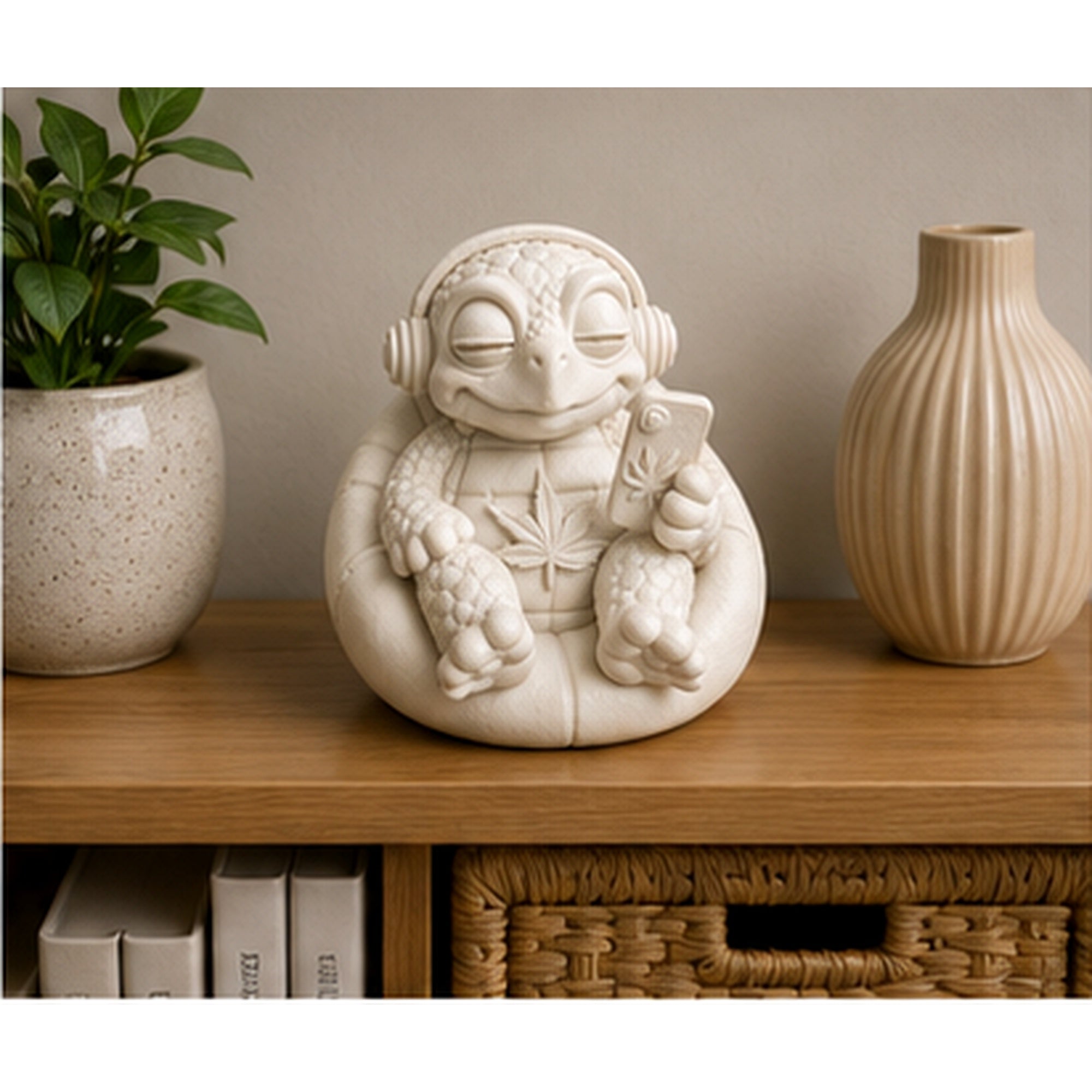 Shellax Schildkröte Nala als weiße 3D-Druck-Deko auf Regal oder Schreibtisch.
