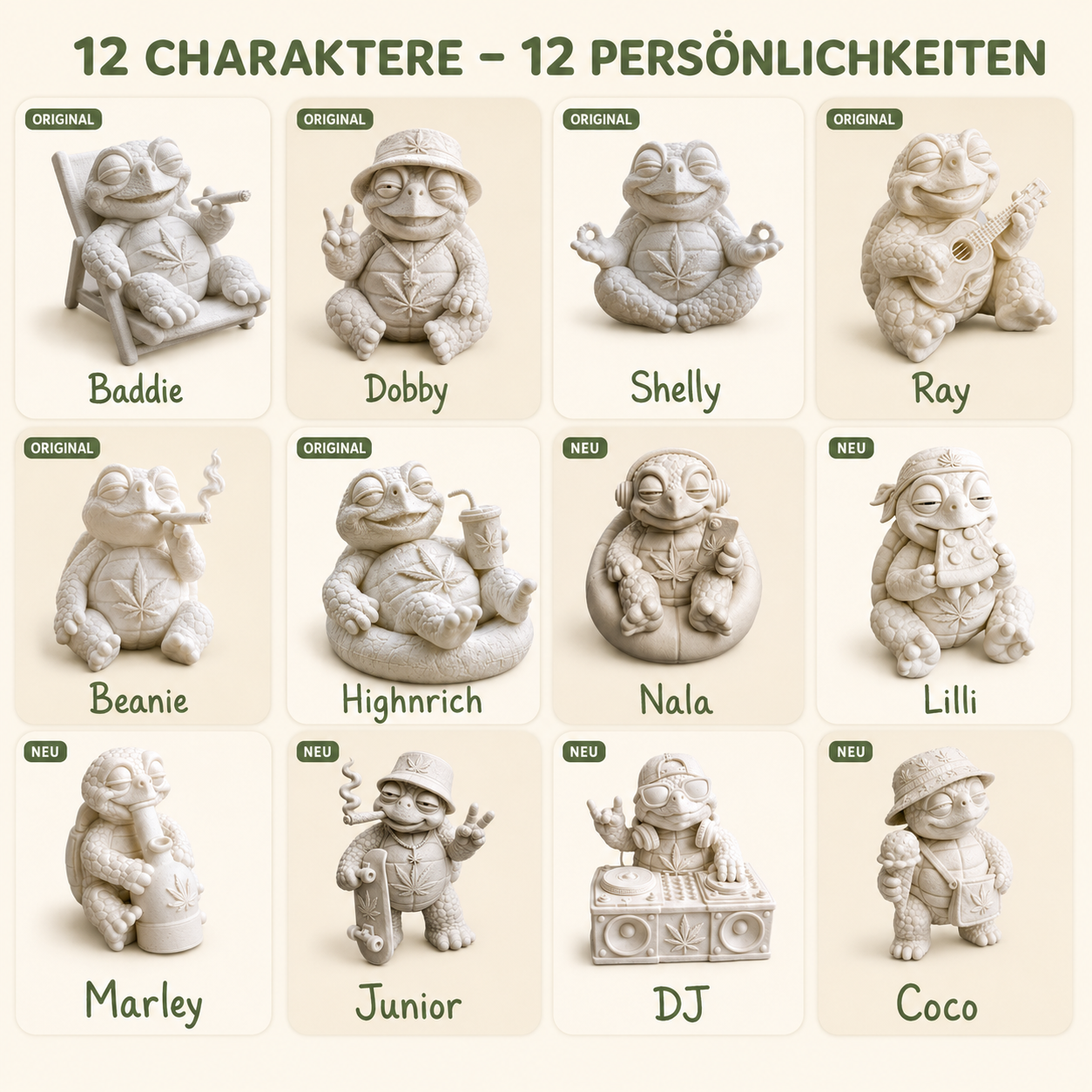 Shellax 2er-Set – Auswahl weißer Shellax Schildkrötenfiguren aus PLA+ zum Bemalen.