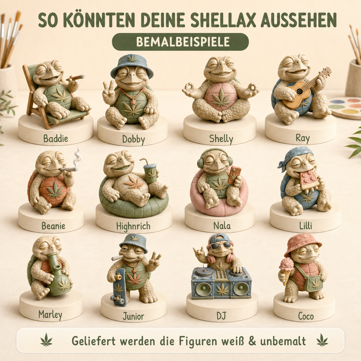 Shellax 3er-Set – weiße PLA+ Schildkrötenfiguren zum Bemalen und Sammeln.