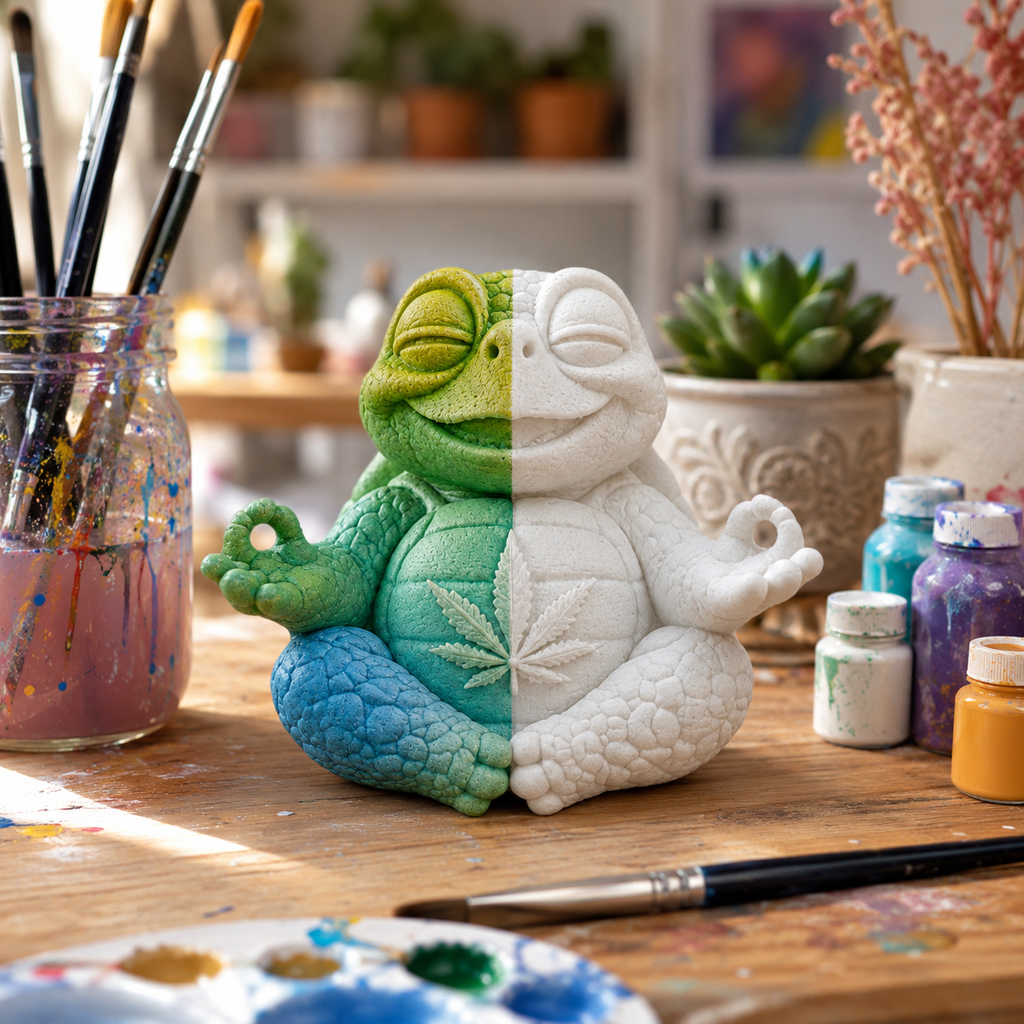 Shellax Shelly zusammen mit weiteren weißen 3D-Druck-Schildkrötenfiguren.