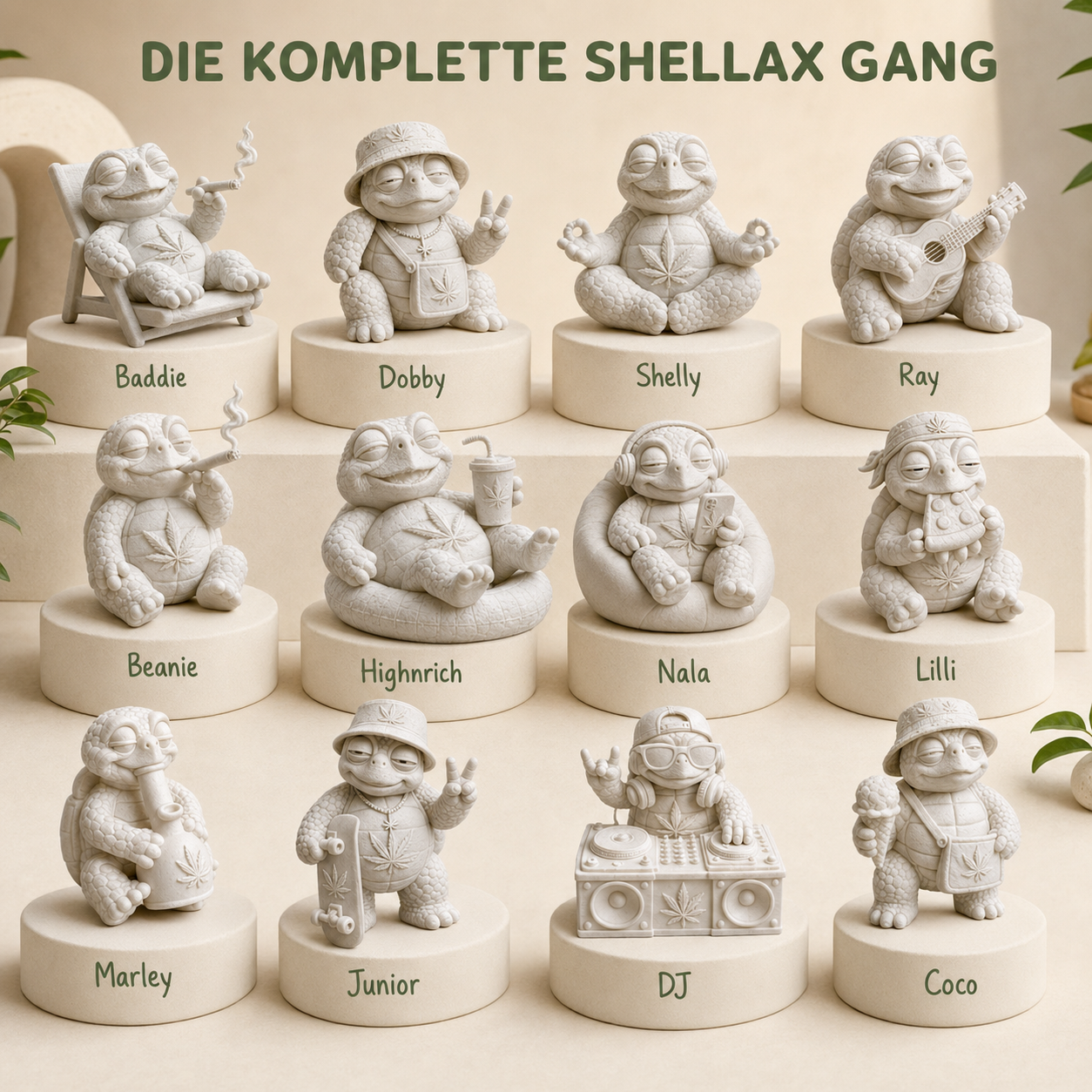 Shellax 3er-Set – Gruppenbild weißer Shellax 3D-Druck-Schildkröten.